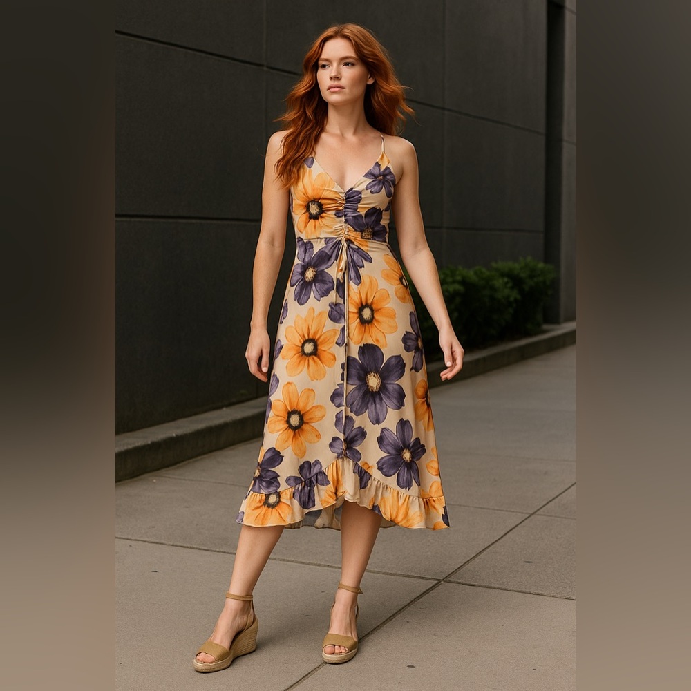 o.p.t Damiana Purple/Orange Midi Floral Dress Sz. Small